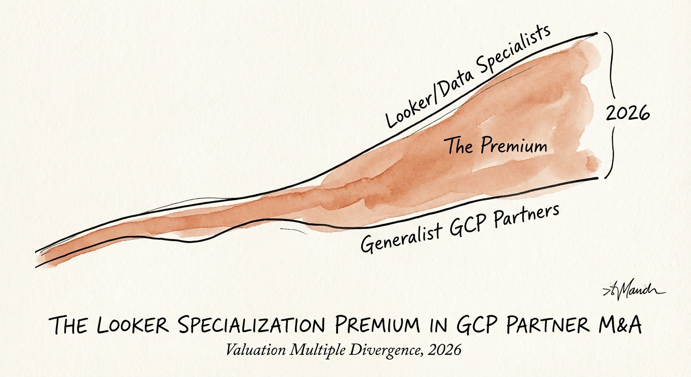 Graph showing valuation multiple divergence between generalist GCP partners and Looker/Data specialists in 2026