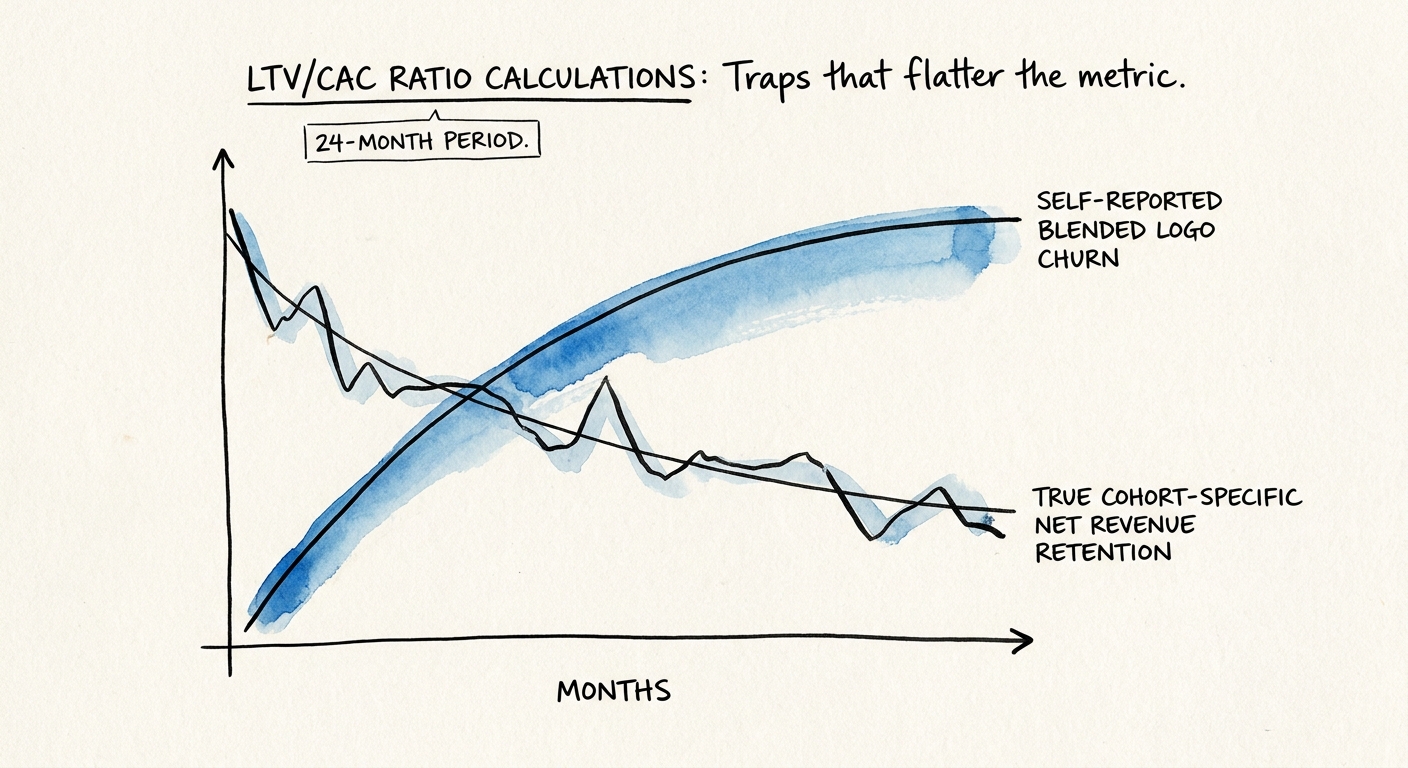 Comparison graph of self-reported blended logo churn versus true cohort-specific net revenue retention over a 24-month period
