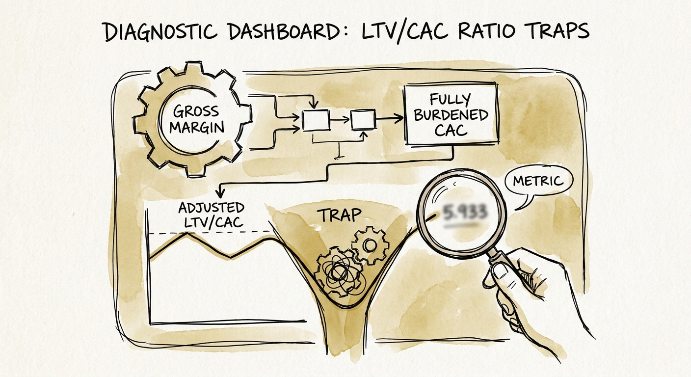 A diagnostic dashboard showing adjusted LTV/CAC ratios after applying gross margin and fully burdened acquisition costs