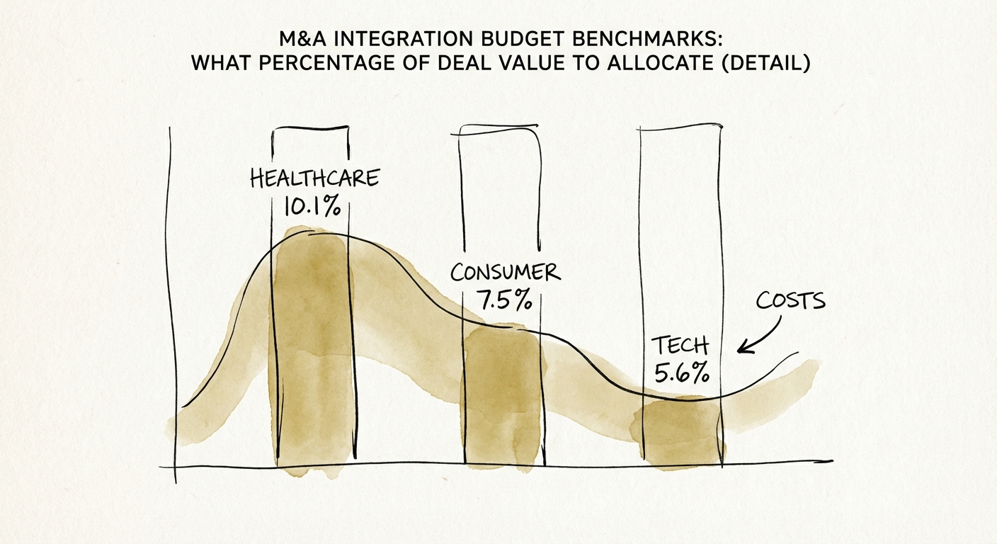Chart showing M&A integration costs by industry sector: Healthcare 10.1%, Consumer 7.5%, Tech 5.6%.