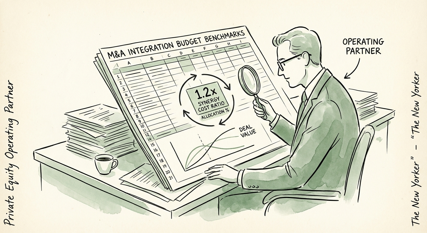 Private Equity Operating Partner reviewing an M&A integration budget spreadsheet highlighting the 1.2x synergy cost ratio.