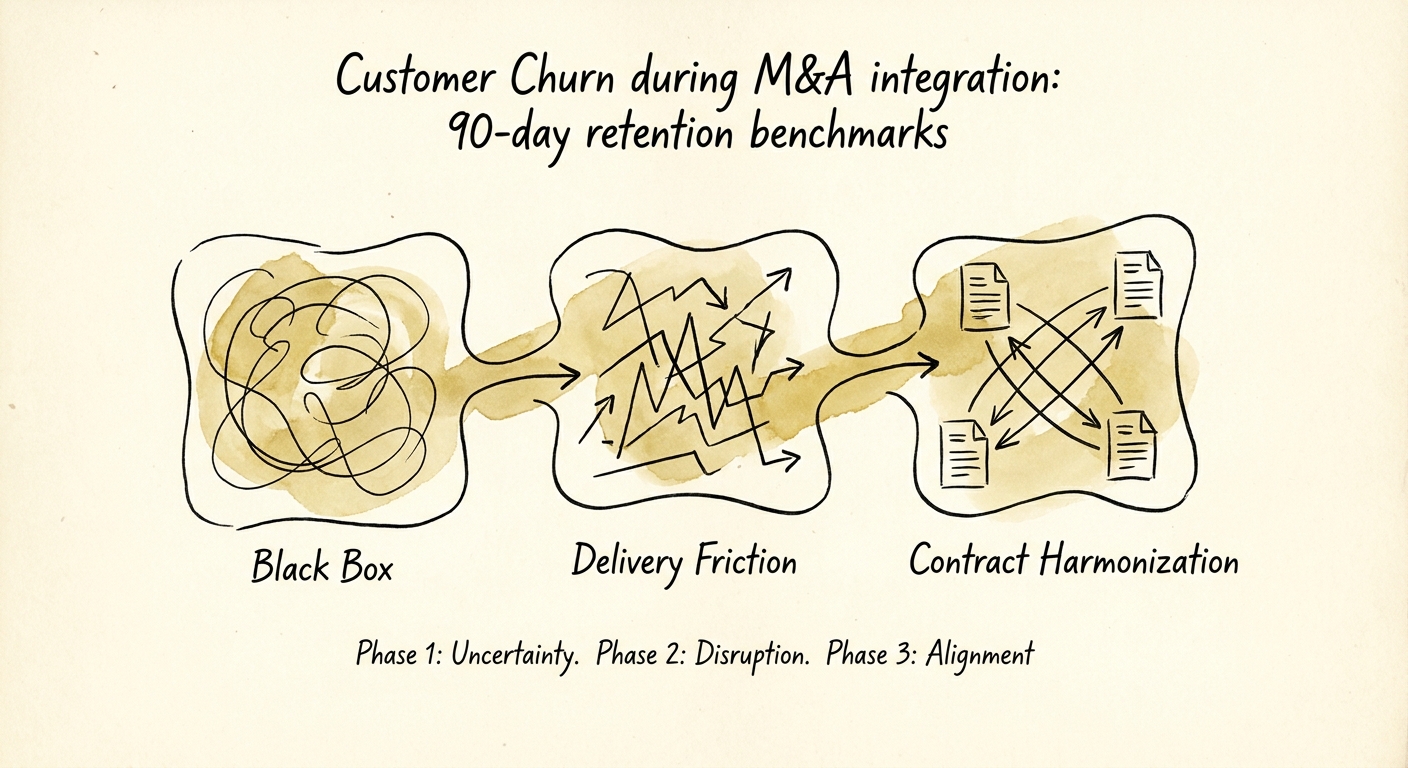Chart detailing the 3 phases of post-merger customer churn: Black Box, Delivery Friction, and Contract Harmonization.