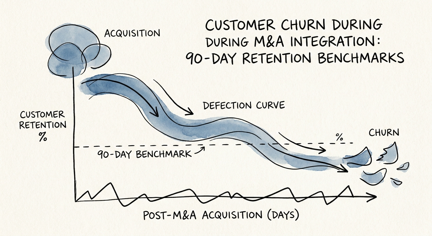 Graph showing the 90-day customer defection curve post-M&A acquisition across B2B technology companies.