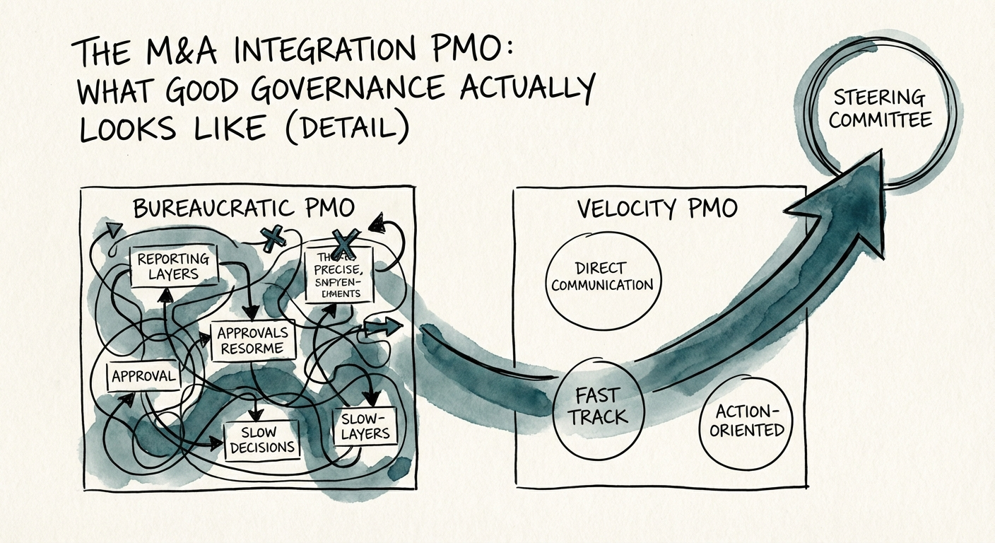 A diagram comparing a 'Bureaucratic PMO' structure versus a
'Velocity PMO' structure, highlighting the direct line to the Steering Committee.
