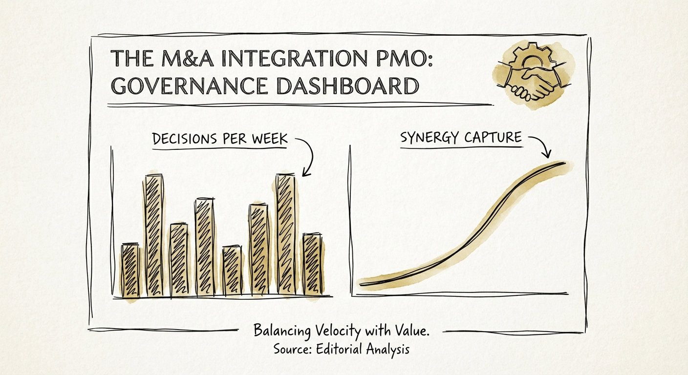 A minimalist, high-contrast dashboard showing 'Decisions Per Week' metrics versus 'Synergy Capture' progress for an M&A integration.