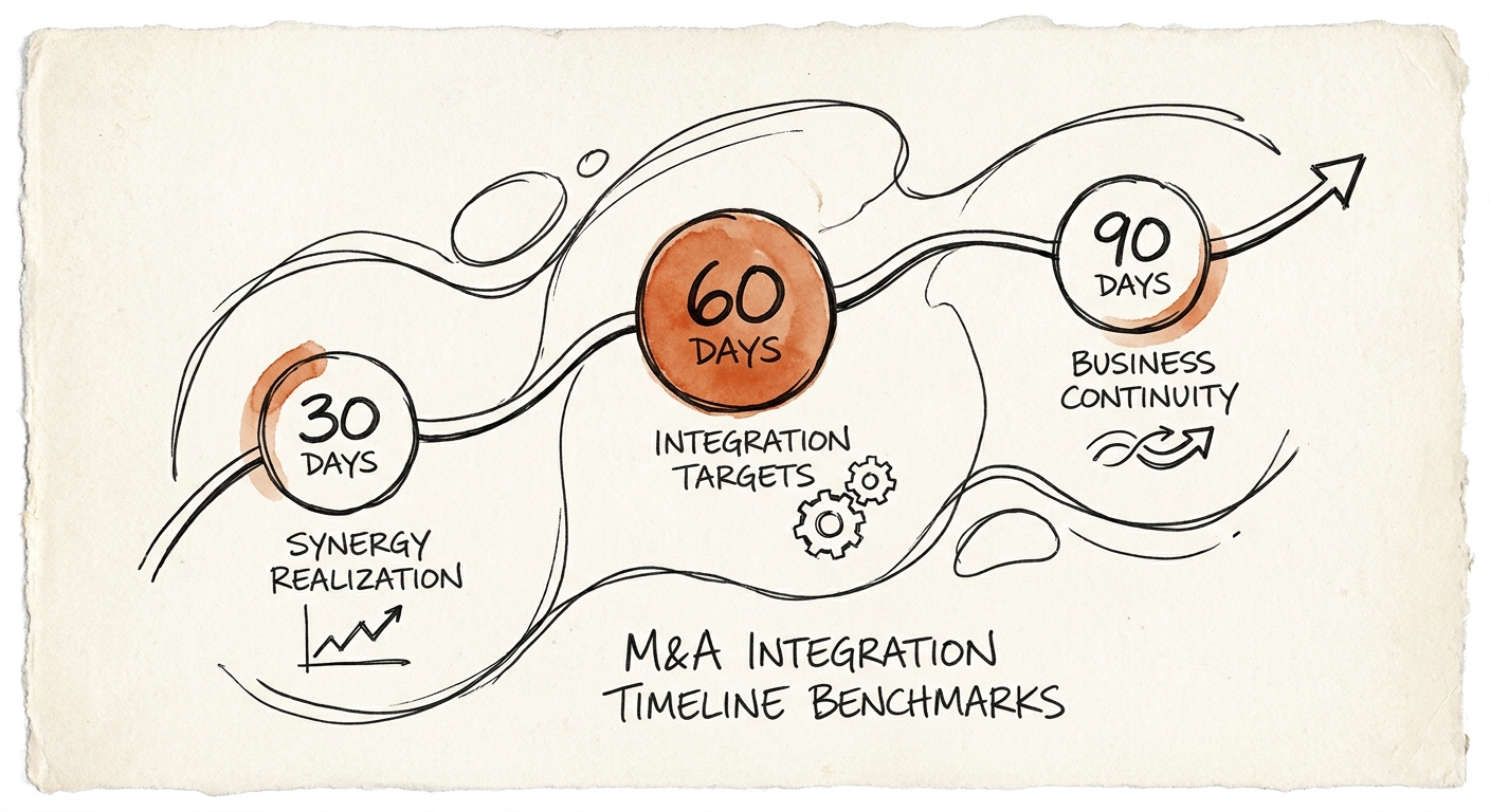 A dashboard tracking synergy realization and business continuity metrics during the first 60 days of a post-merger integration.