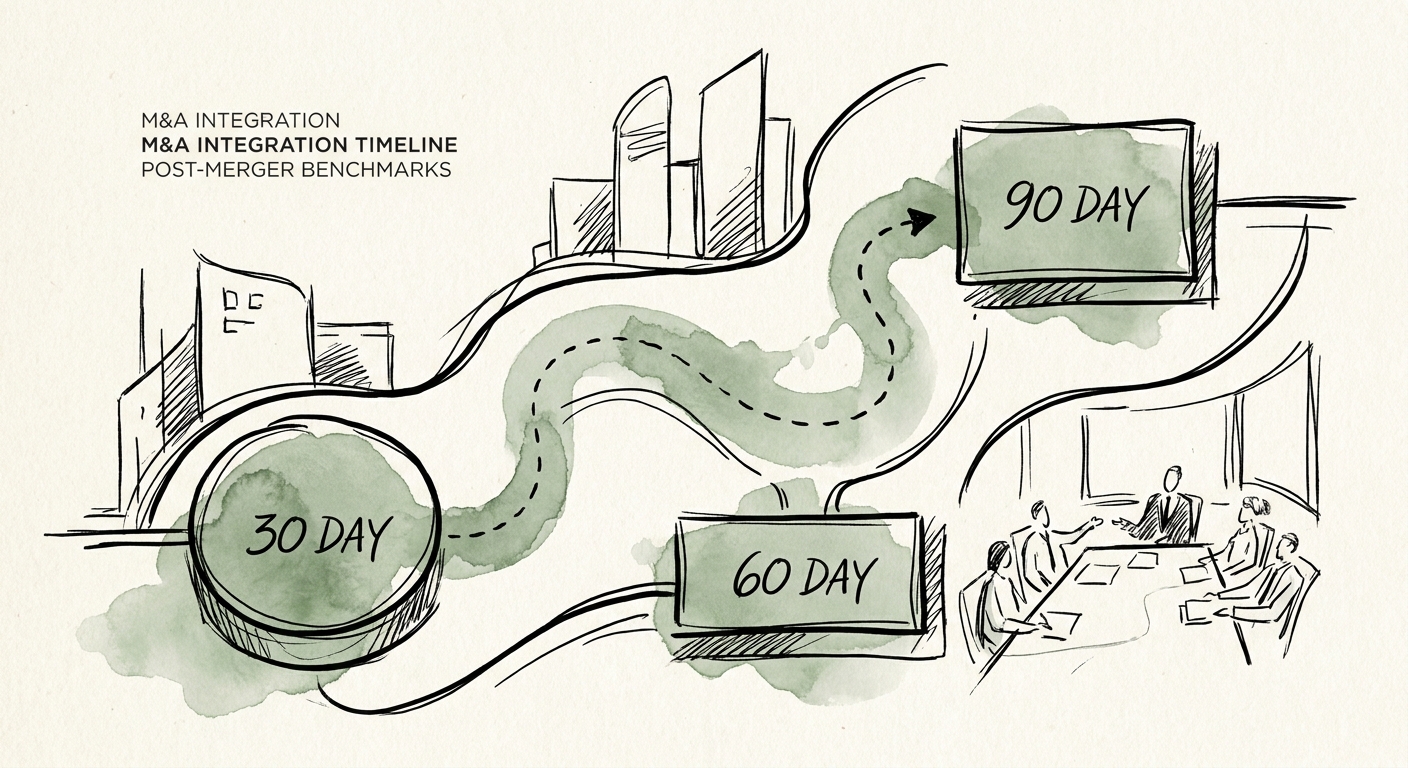 A timeline graphic depicting the 30, 60, and 90-day benchmarks for post-merger integration success in private equity deals.