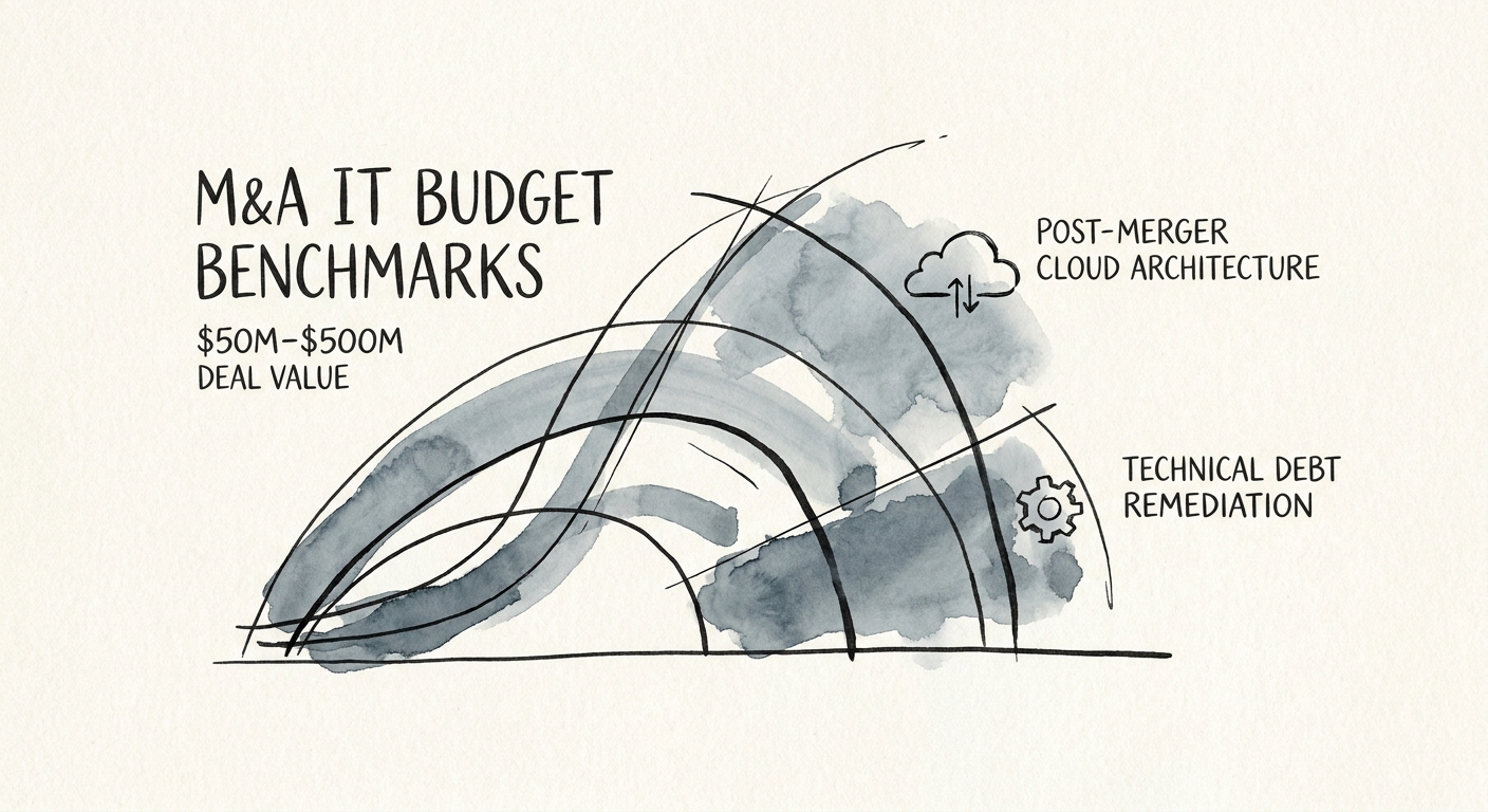 Data visualization of post-merger cloud architecture costs and technical debt remediation budgets across $50M-$500M deals