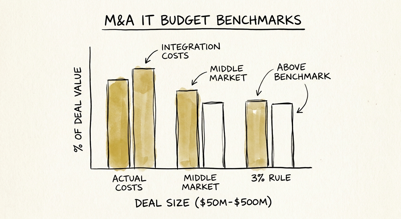 Bar chart comparing actual M&A IT integration costs against the 3% deal value rule in middle market acquisitions