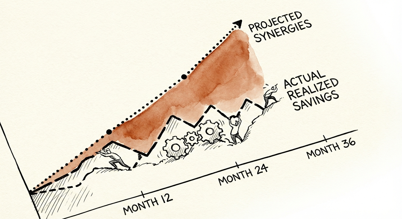 Chart showing the widening gap between projected M&A synergies and actual realized savings over 36 months
