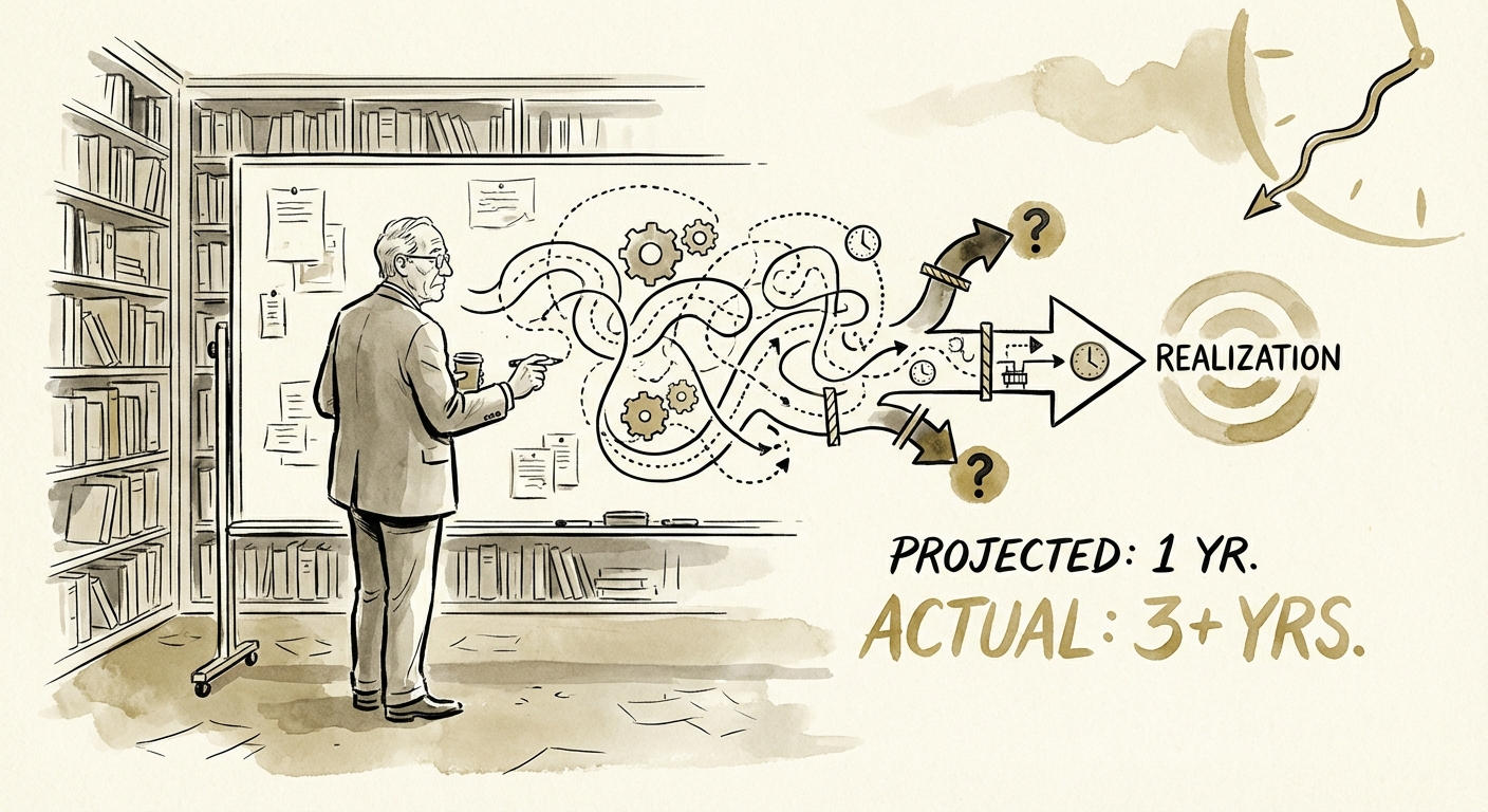 Private Equity Operating Partner analyzing delayed M&A integration timelines on a whiteboard