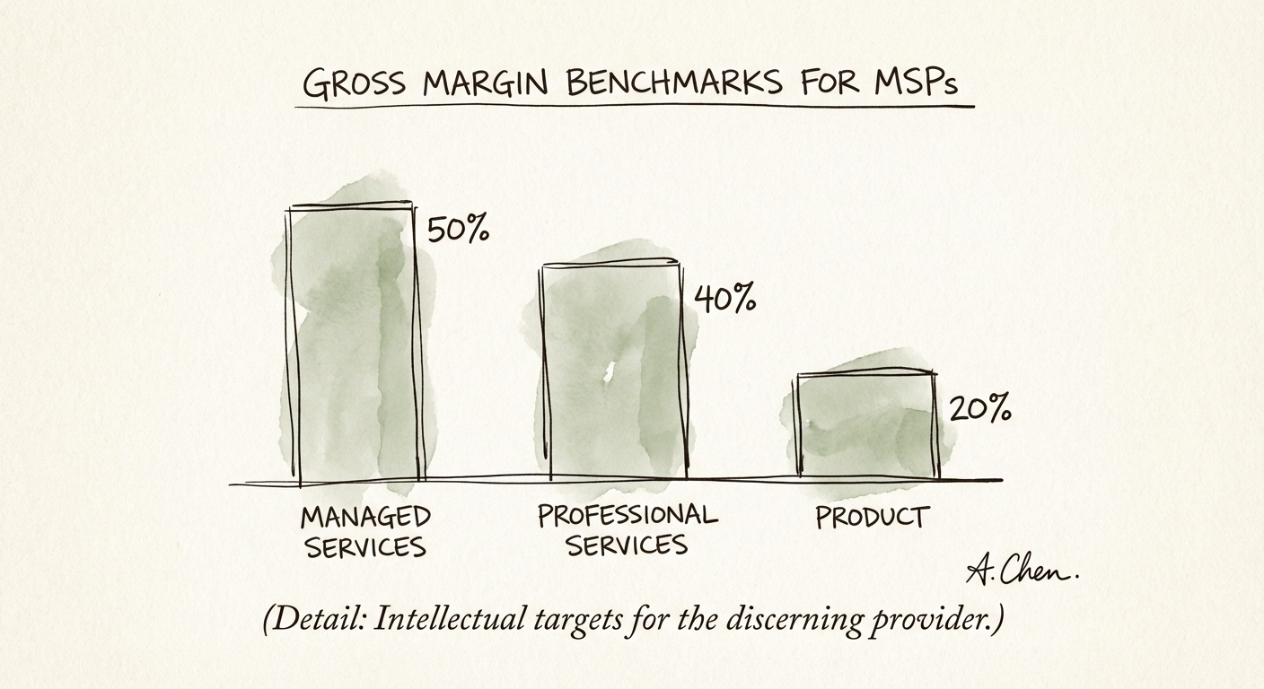 Chart of 2025 MSP margin benchmarks across managed services, professional services, and product resale