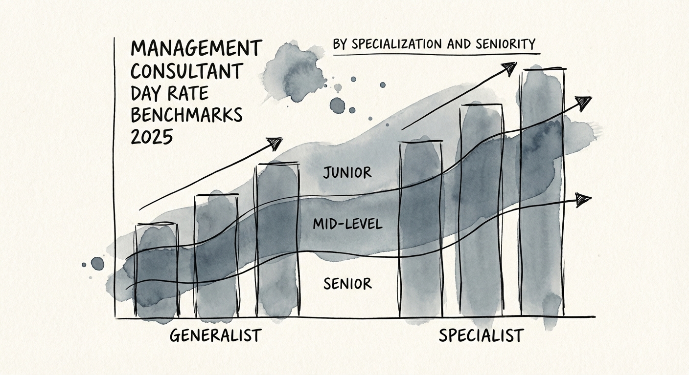 Chart showing management consultant day rate benchmarks for 2025 comparing generalist vs specialist roles