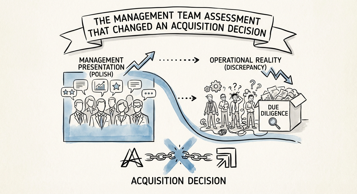 A data visualization showing the discrepancy between 'Management Presentation' polish and 'Operational Reality' in a due diligence context.