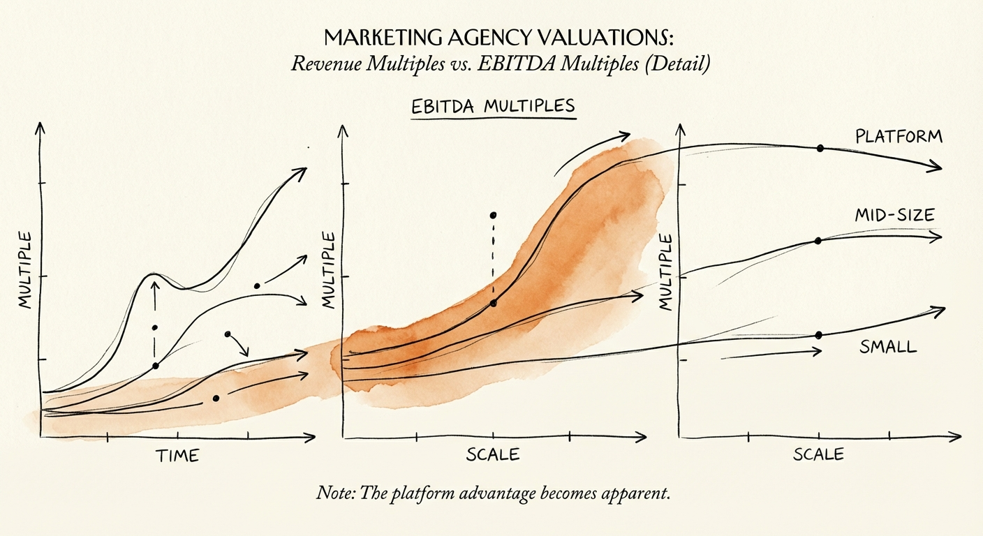 Graph comparing EBITDA multiples for small, mid-size, and platform marketing agencies
