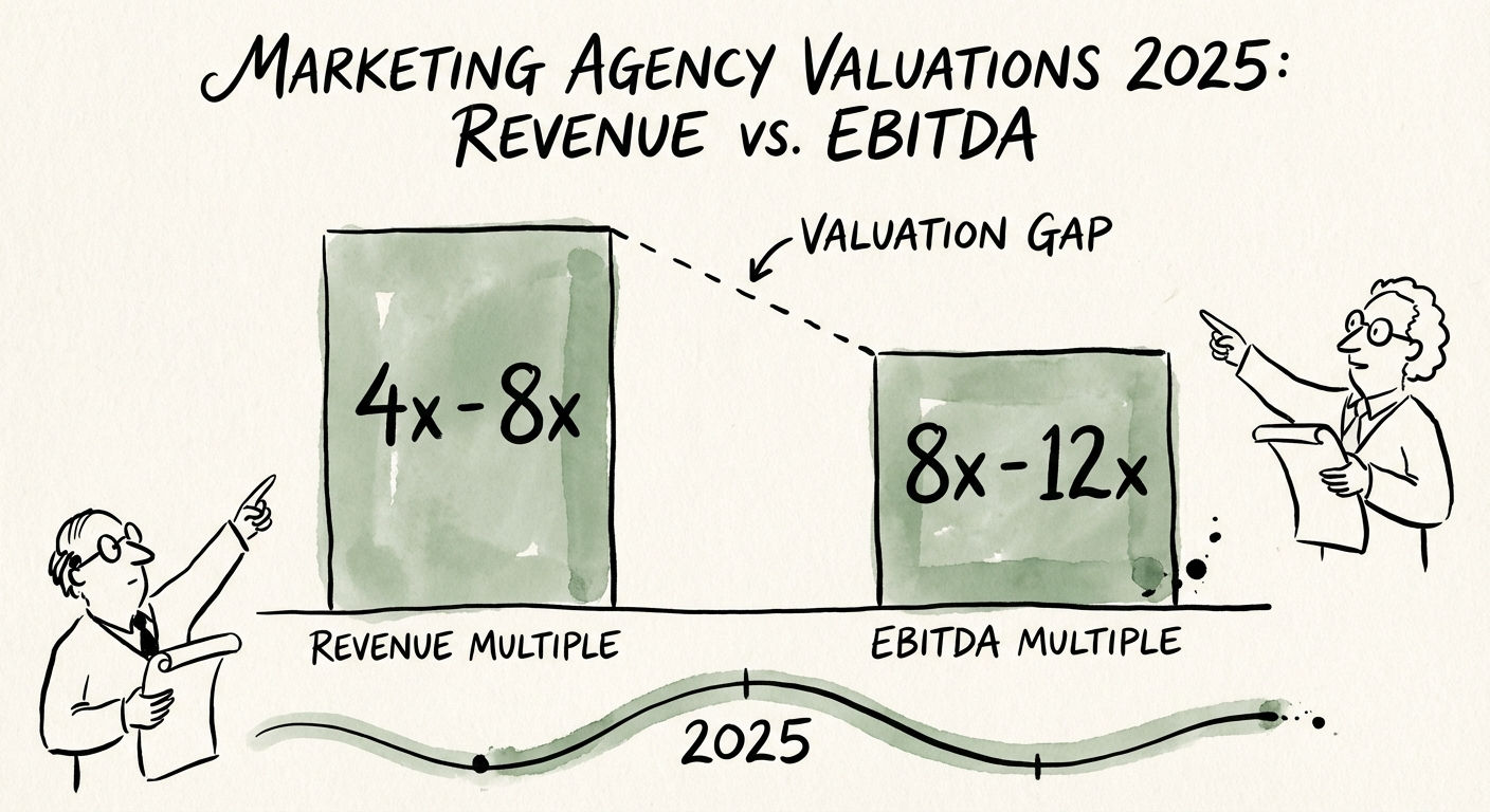 Chart showing the valuation gap between marketing agency revenue multiples and EBITDA multiples in 2025
