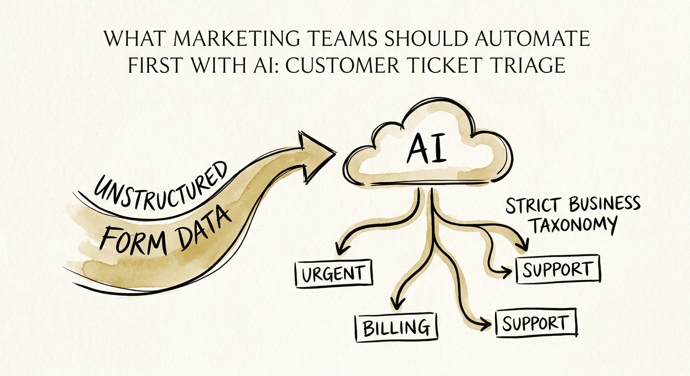 Workflow map showing inputs, review rules, and metrics for customer ticket triage.