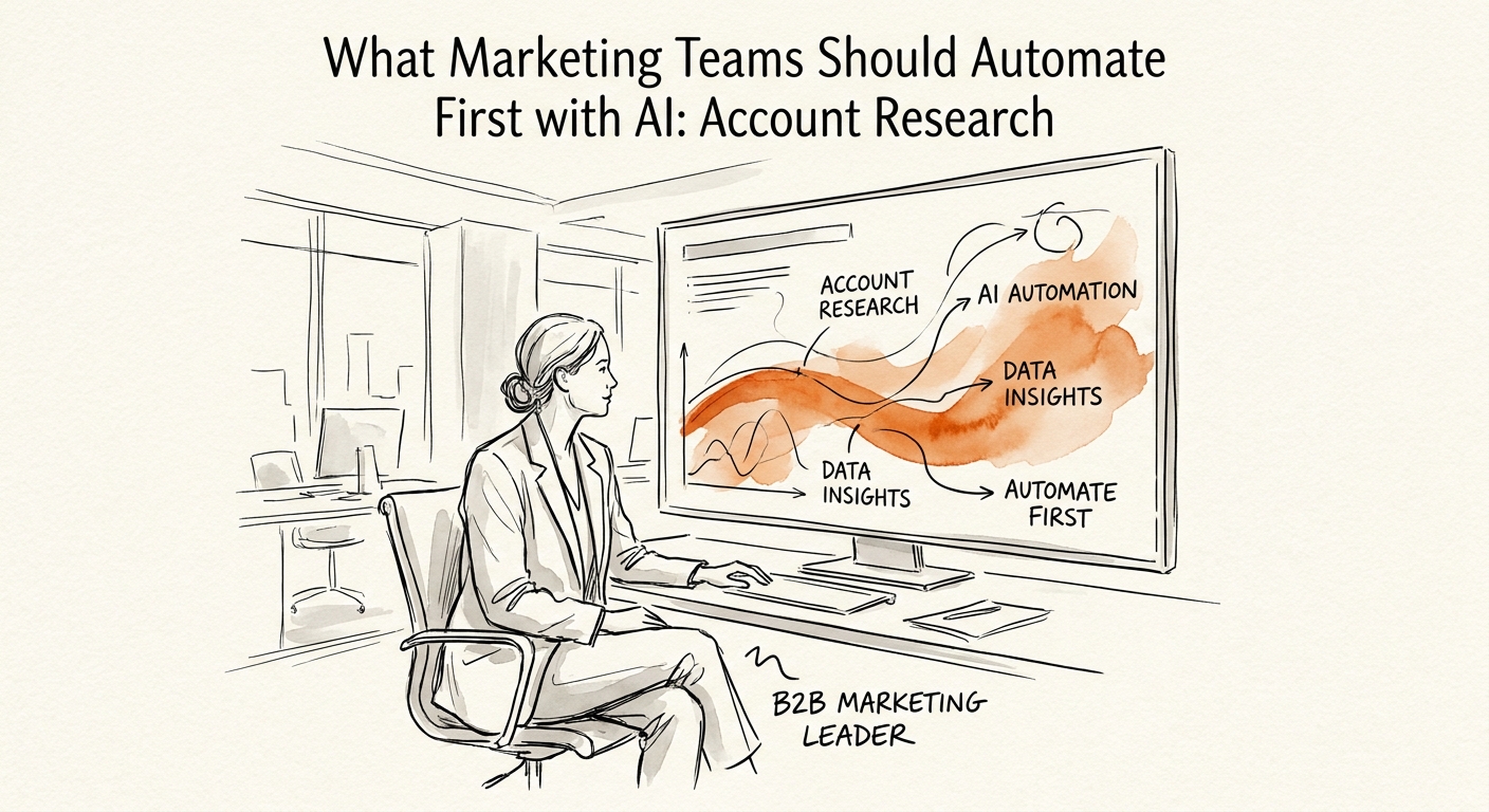 Marketing operations team reviewing verified account facts, CRM history, buying-trigger assumptions, and campaign-fit notes in an AI account research brief.