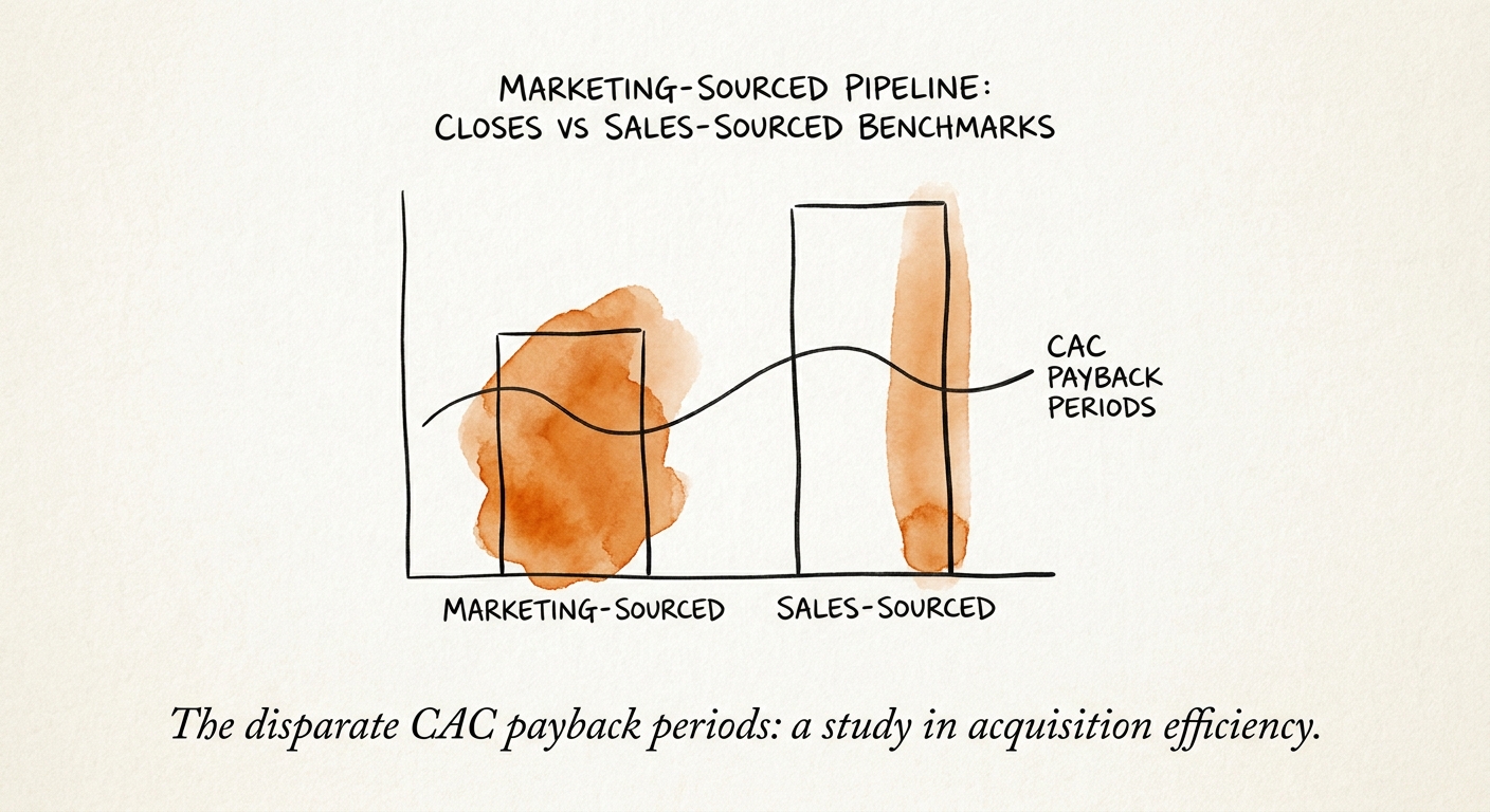 A bar chart showing the disparate CAC payback periods between marketing-led and sales-led acquisition channels.