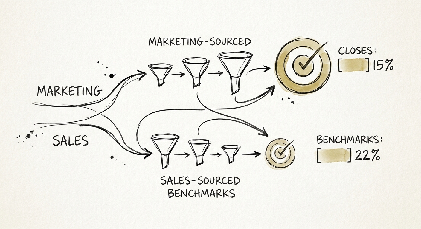 A data visualization comparing marketing-sourced pipeline win rates against sales-sourced pipeline win rates in B2B SaaS.