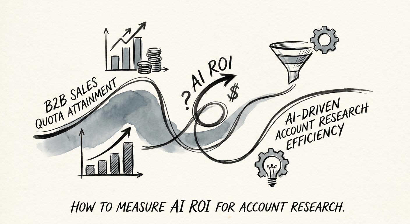 AI account research measurement workflow connecting approved sources, CRM briefs, seller adoption, and pipeline movement.