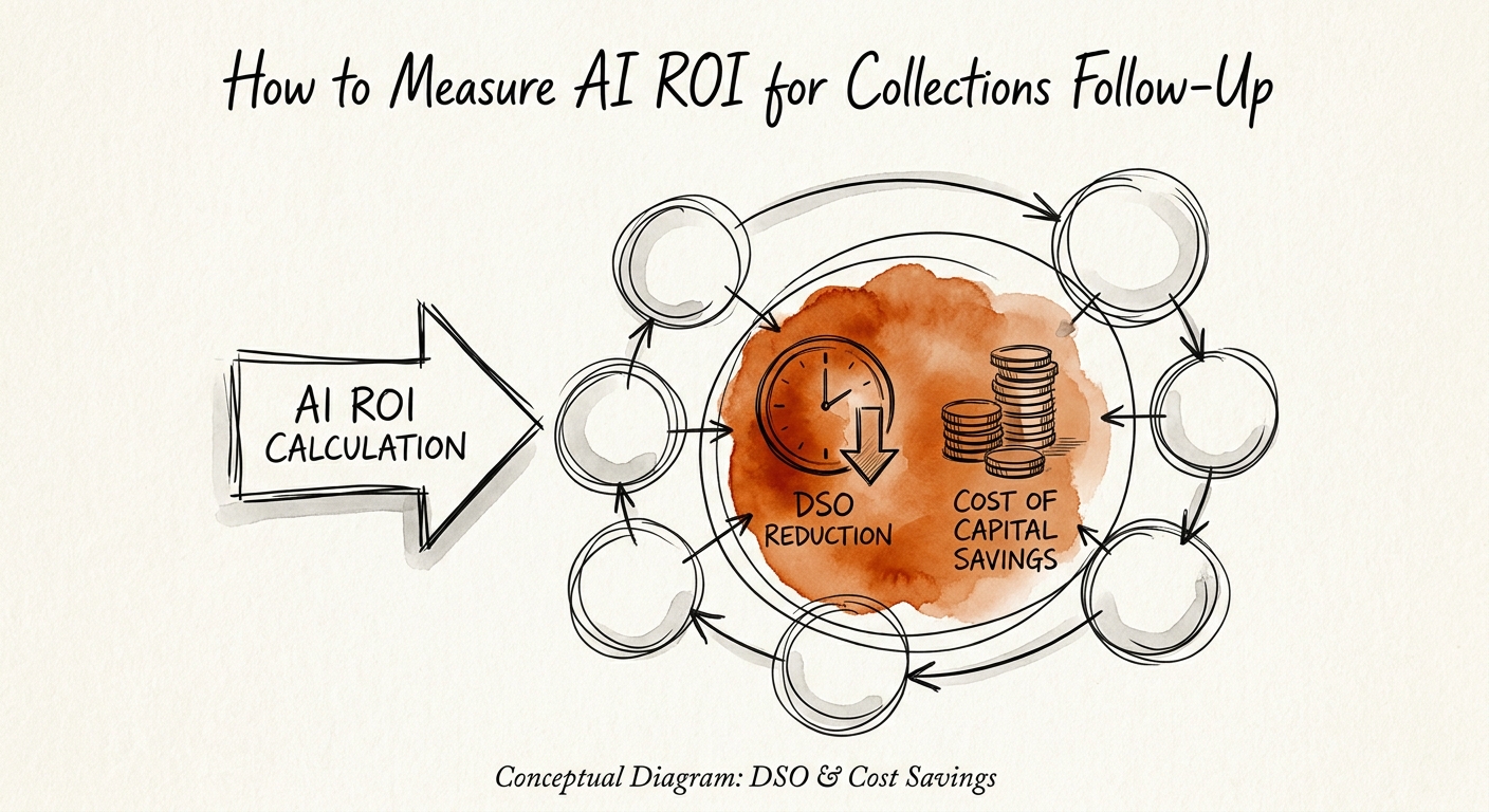 Collections follow-up ROI model showing account prioritization, message preparation, finance approval, promise tracking, and cash timing.