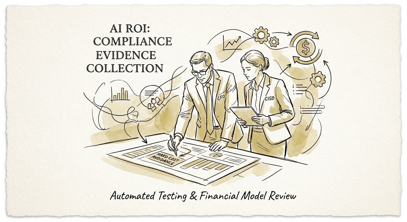Workflow ROI model for compliance evidence collection showing baseline metrics, control points, and scale decision.