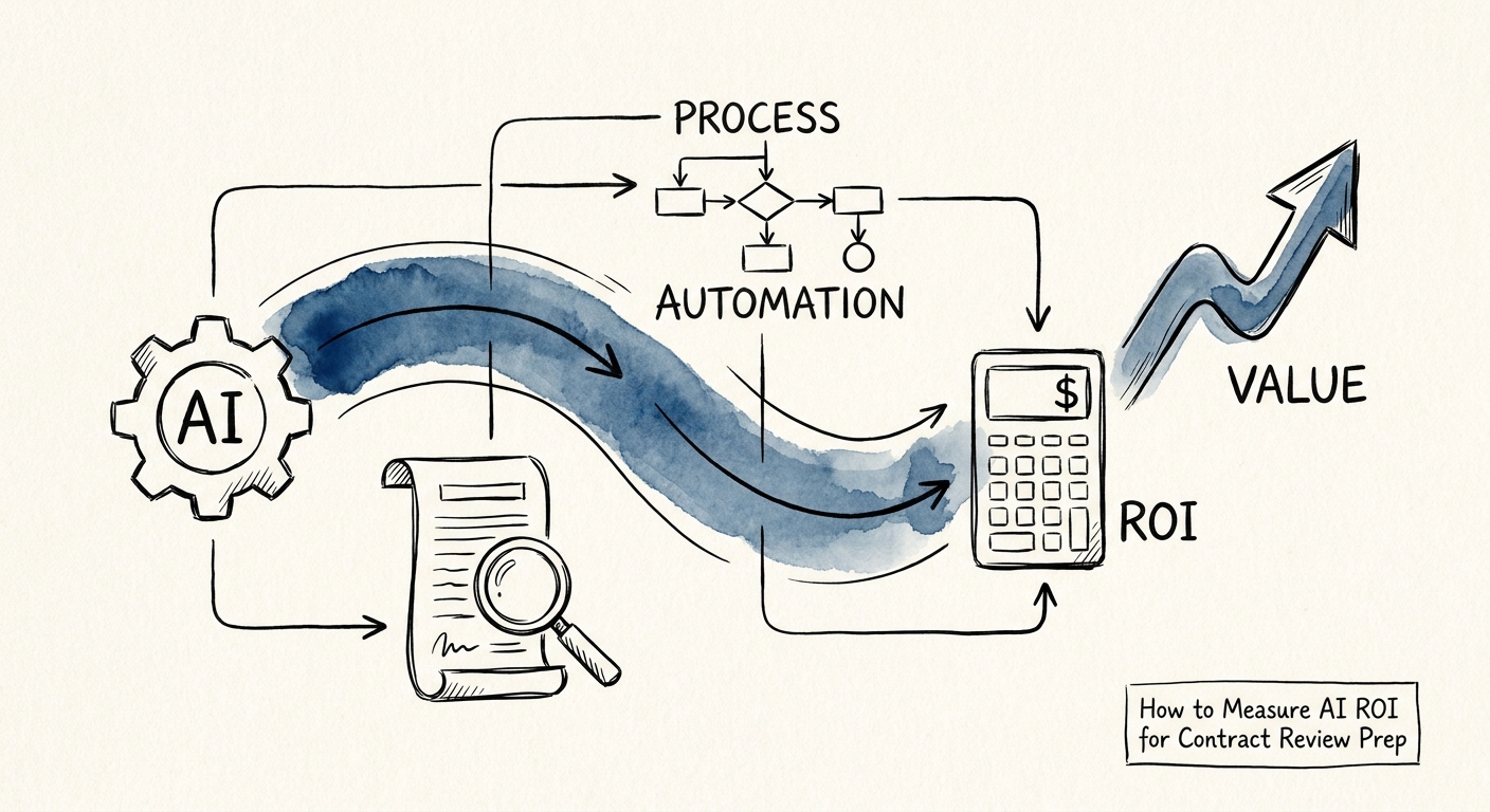 Workflow ROI model for contract review preparation showing baseline metrics, control points, and scale decision.