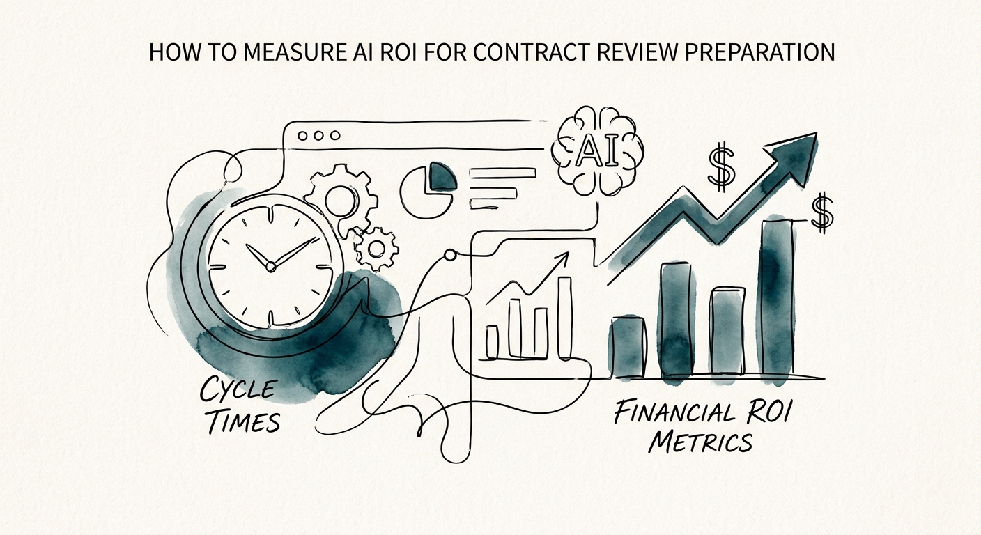 Dashboard measuring AI ROI for contract review preparation across baseline, exceptions, quality, and adoption.