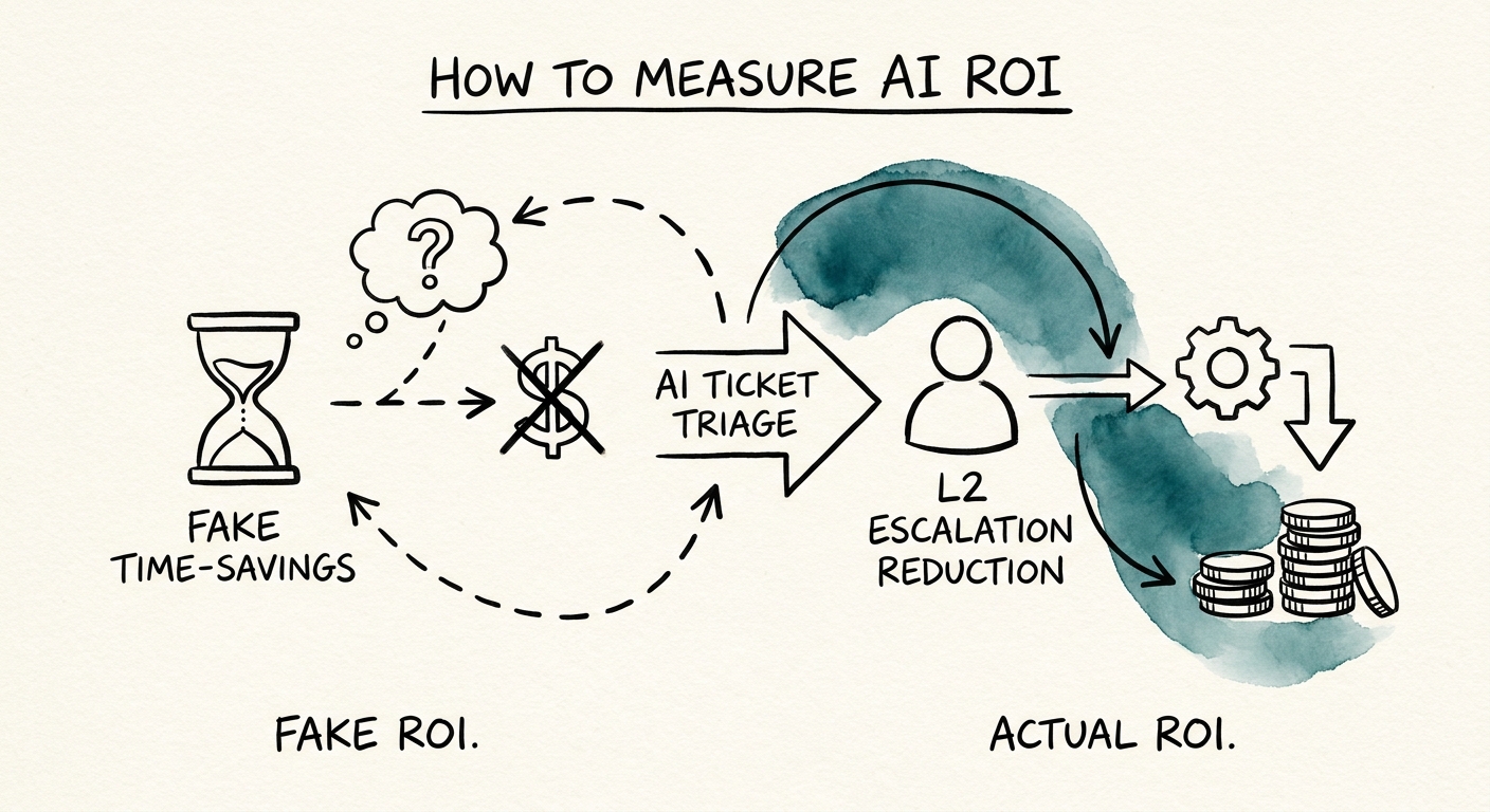 Workflow ROI model for customer ticket triage showing baseline metrics, control points, and scale decision.
