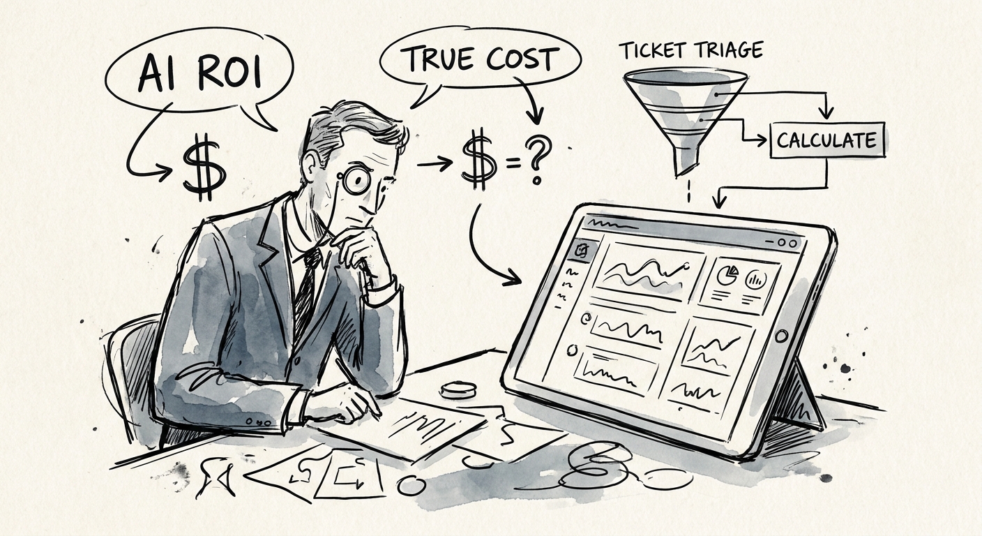 Dashboard measuring AI ROI for customer ticket triage across baseline, exceptions, quality, and adoption.