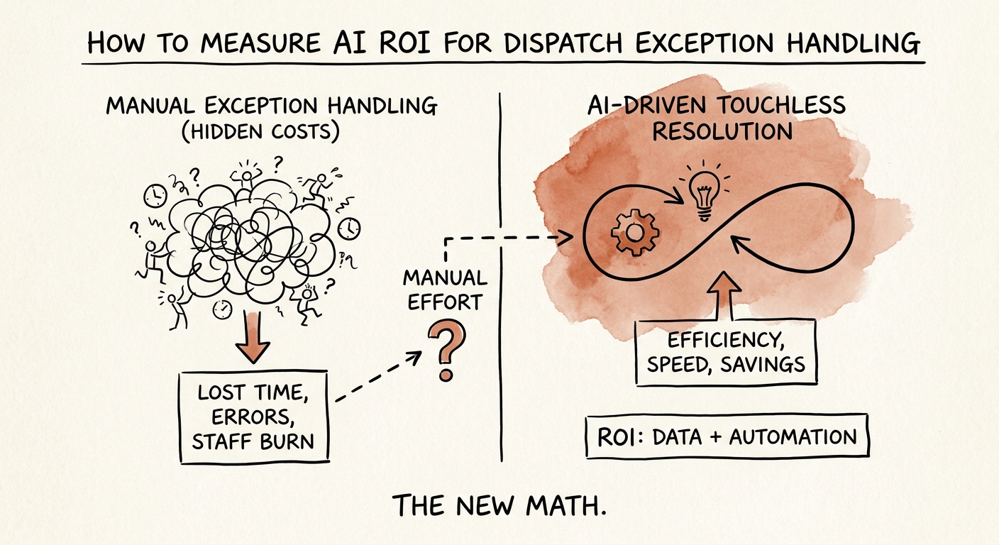 Workflow ROI model for dispatch exception handling showing baseline metrics, control points, and scale decision.