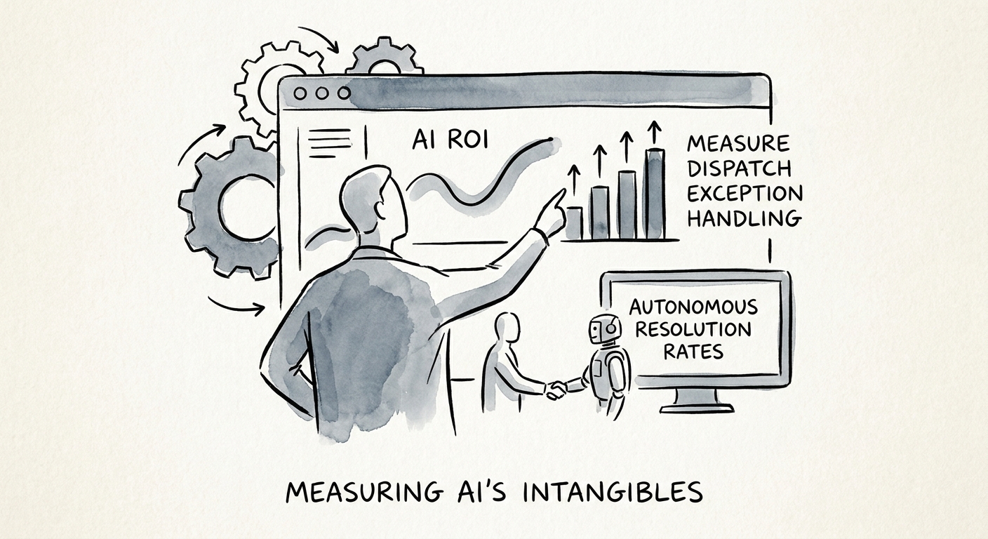 Dashboard measuring AI ROI for dispatch exception handling across baseline, exceptions, quality, and adoption.