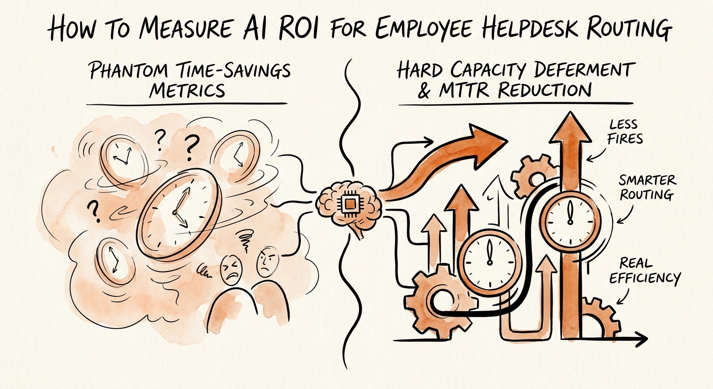 Employee helpdesk AI routing workflow showing intake, classification, escalation, and ROI measures.