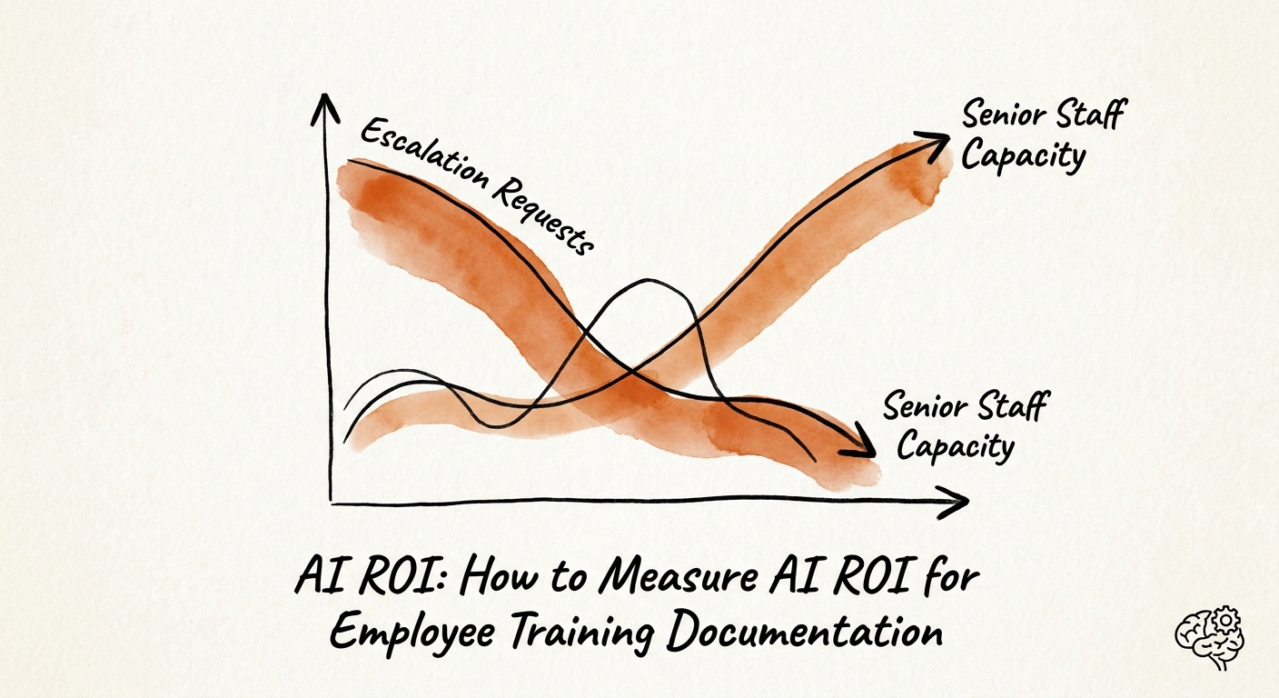 Employee training documentation ROI workflow showing approved sources, AI answers, employee adoption, manager feedback, and error reduction.