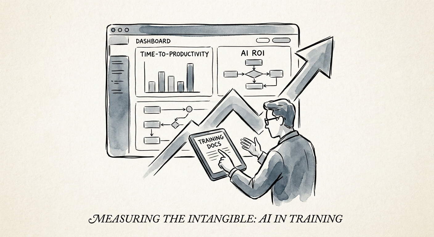 Enablement dashboard connecting AI training documentation to time-to-productivity, escalation reduction, and process quality.