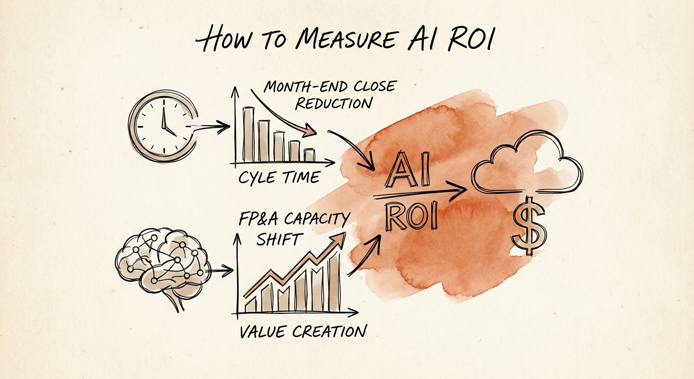Workflow ROI model for finance variance notes showing baseline metrics, control points, and scale decision.