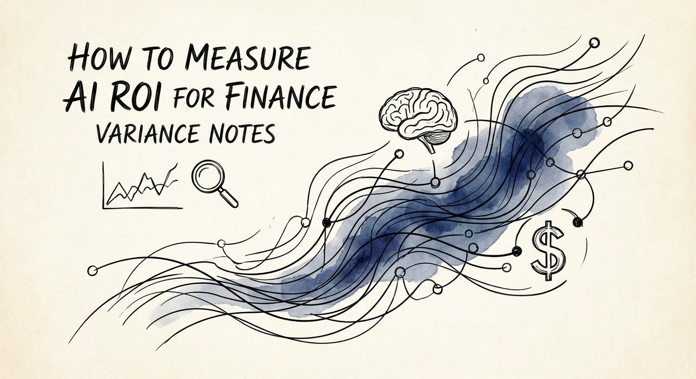Dashboard measuring AI ROI for finance variance notes across baseline, exceptions, quality, and adoption.