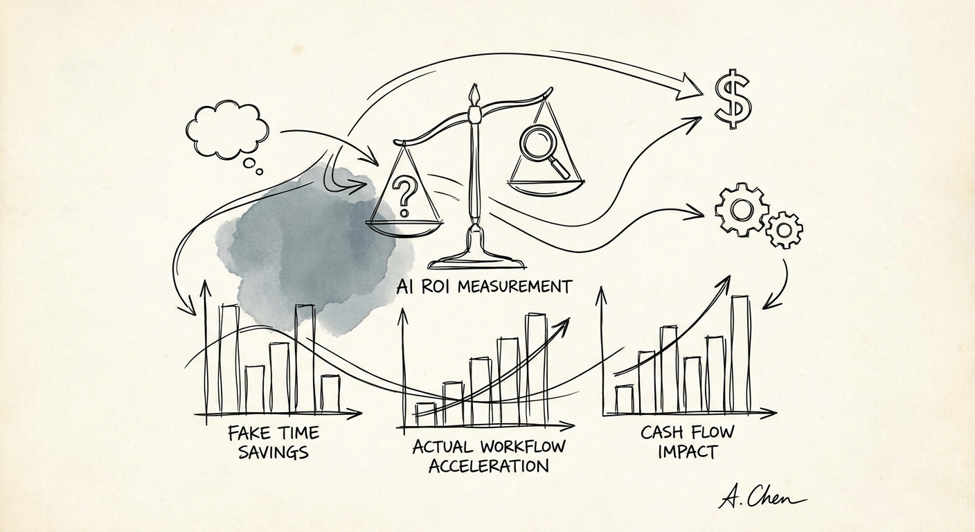 Workflow ROI model for internal knowledge search showing baseline metrics, control points, and scale decision.