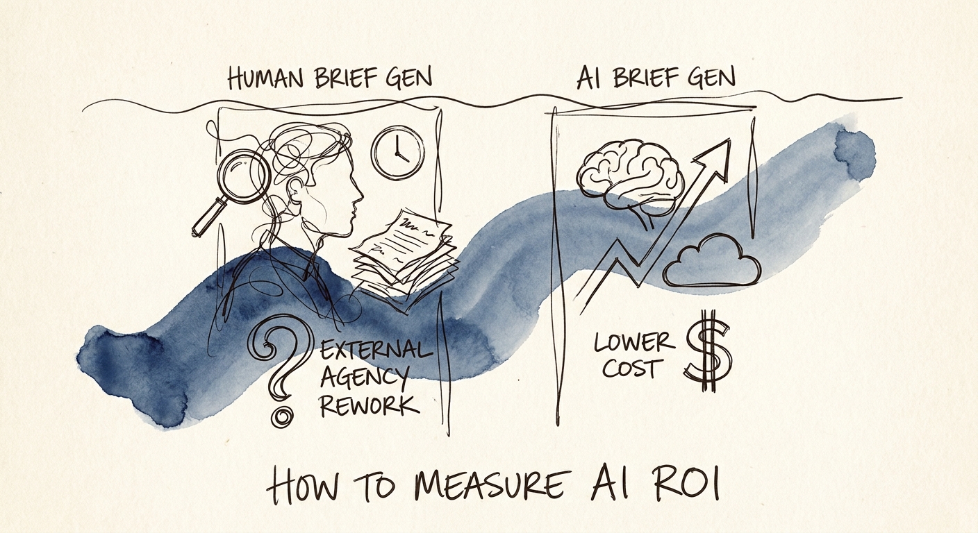 AI ROI model for marketing brief generation showing cycle time, rework, approval, and margin measures.