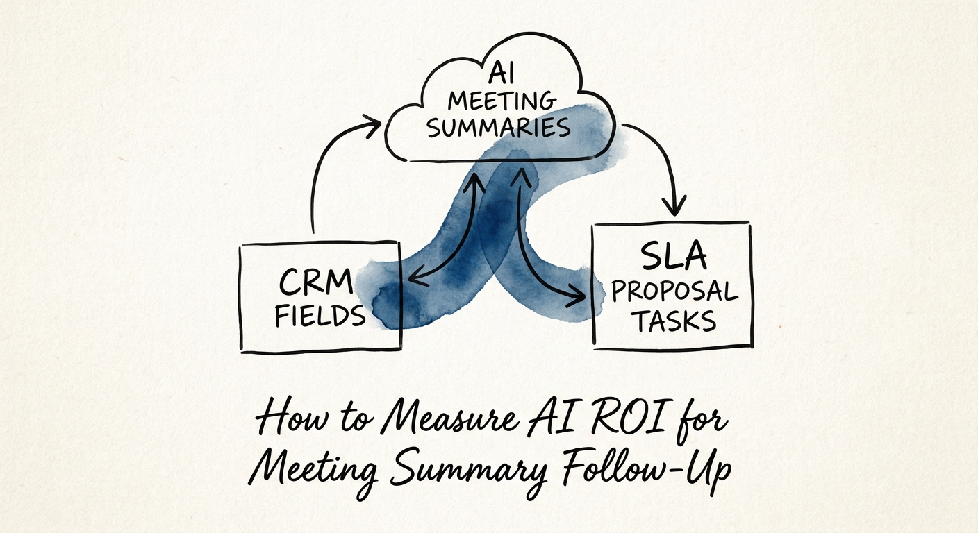 ROI model for meeting summary follow-up showing source notes, owner assignment, and completed actions.