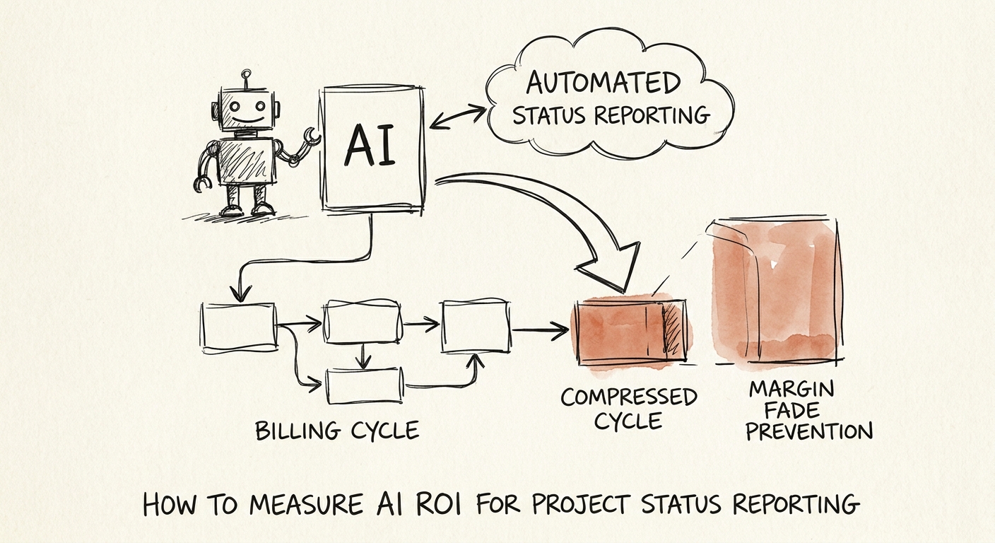 Workflow ROI model for project status reporting showing baseline metrics, control points, and scale decision.