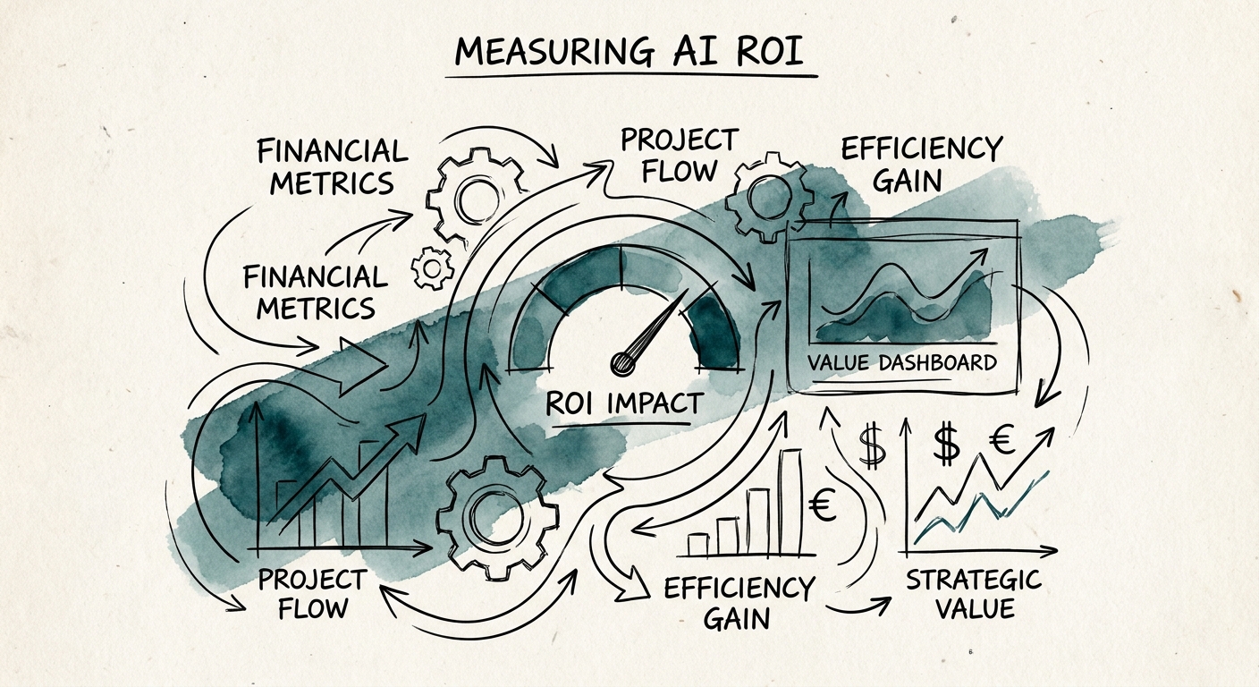 Dashboard measuring AI ROI for project status reporting across baseline, exceptions, quality, and adoption.