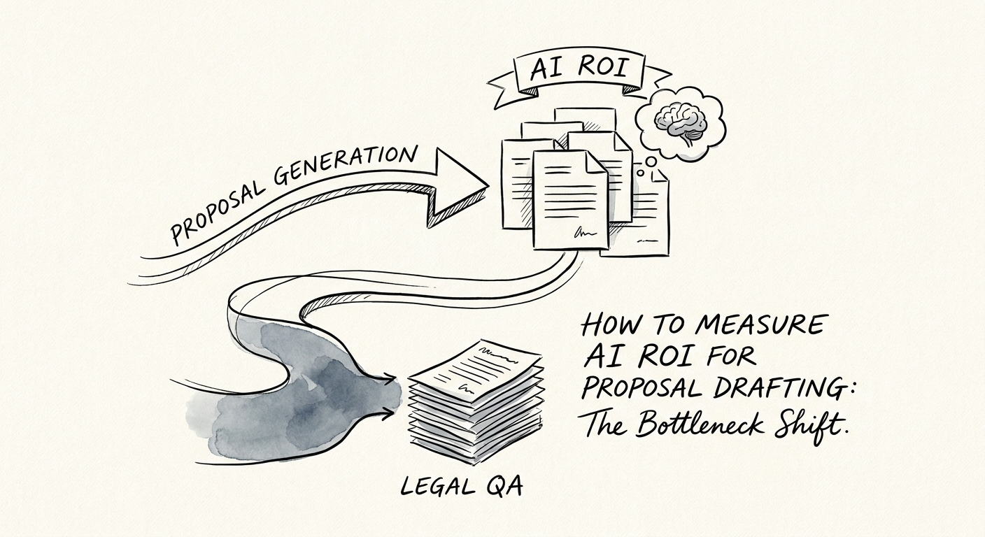 Proposal drafting ROI workflow connecting intake, drafting, SME review, pricing, legal approval, and buyer response.
