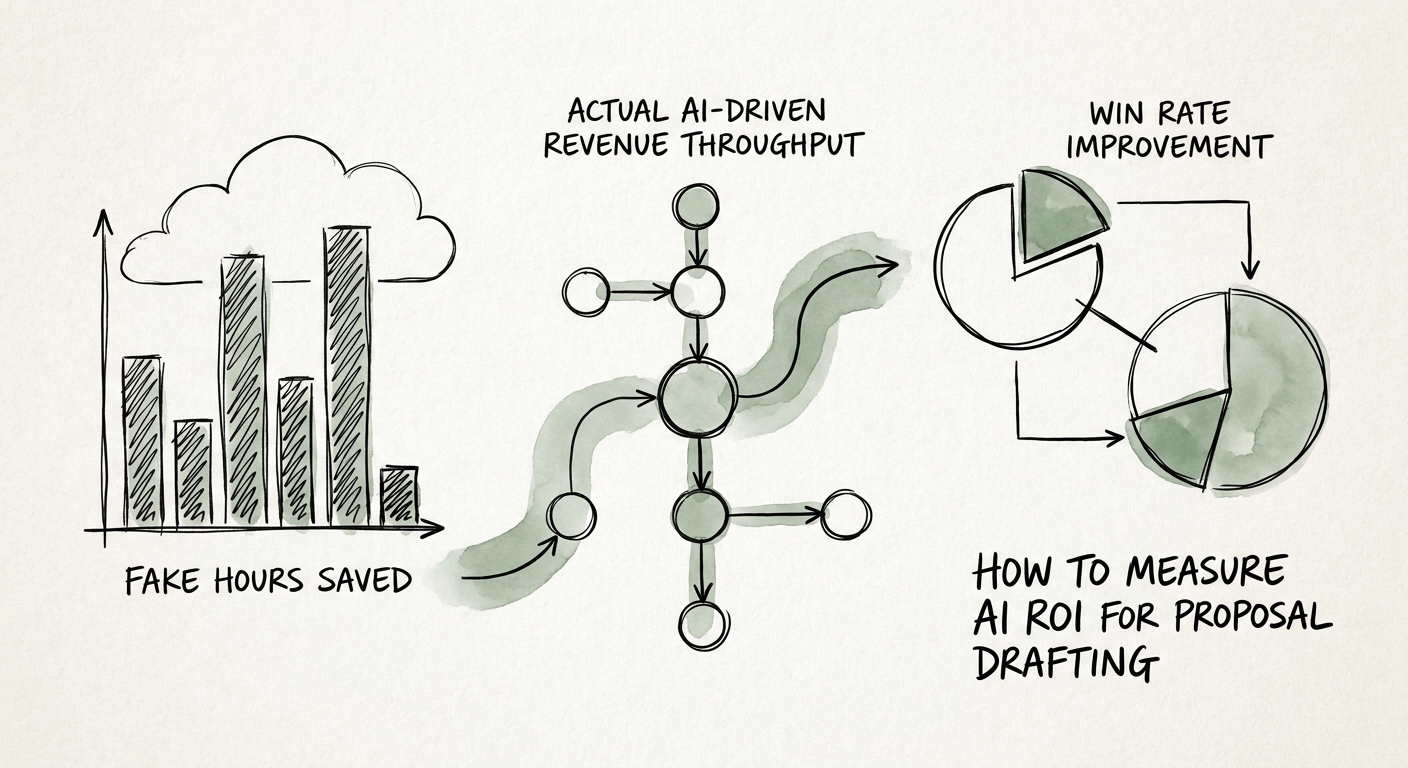 Revenue operations dashboard comparing AI proposal drafting speed with qualified proposal throughput, review time, and win-rate movement.
