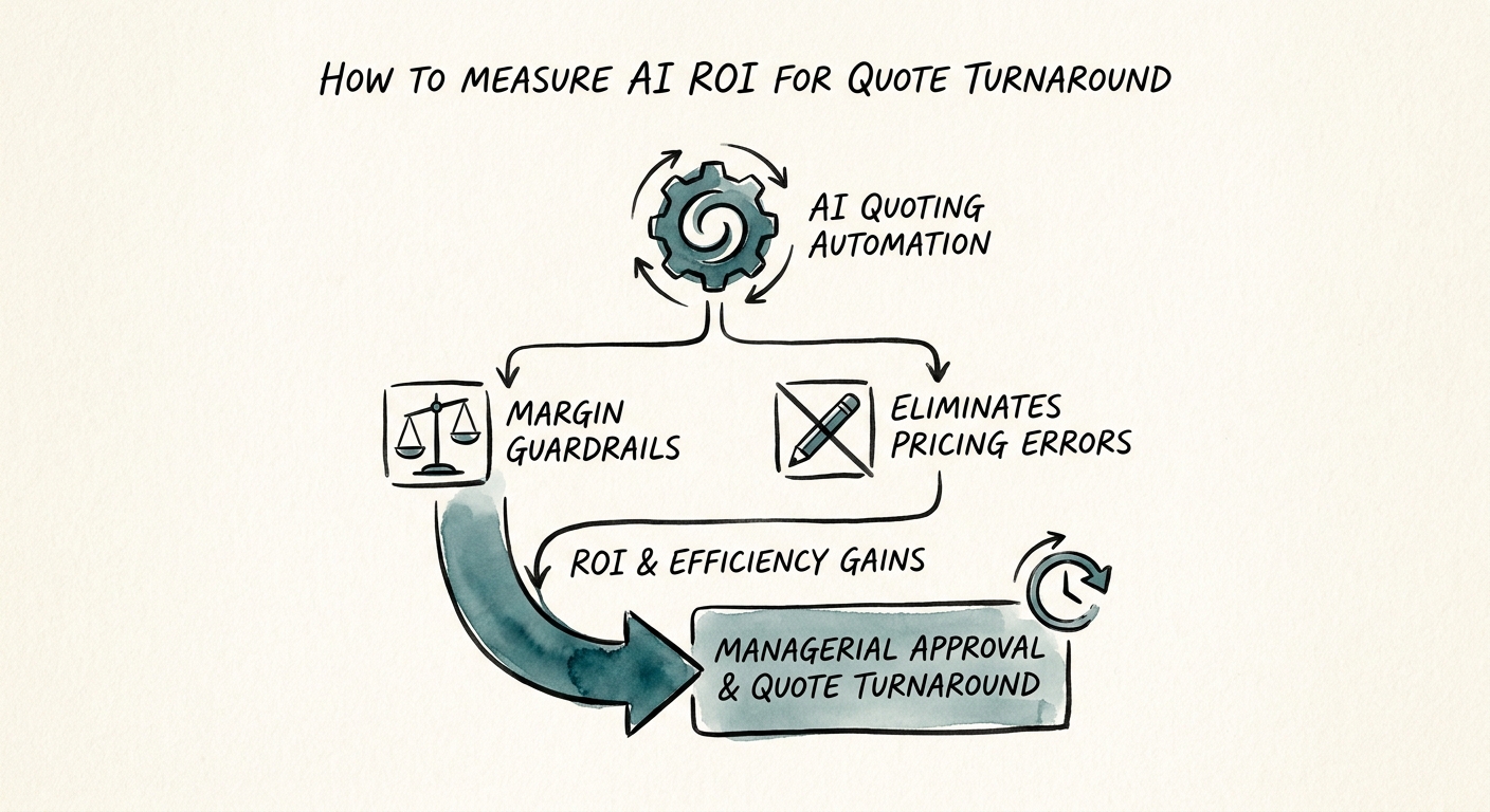 Quote-turnaround AI ROI model showing cycle time, rework, approval, and margin measures.