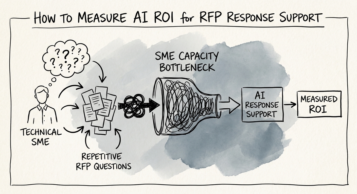 Workflow ROI model for RFP response support showing baseline metrics, control points, and scale decision.