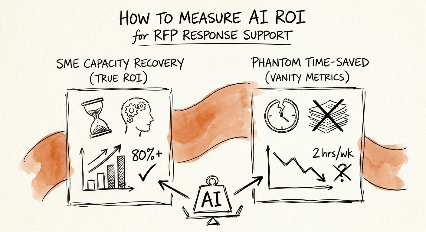 Dashboard measuring AI ROI for RFP response support across baseline, exceptions, quality, and adoption.