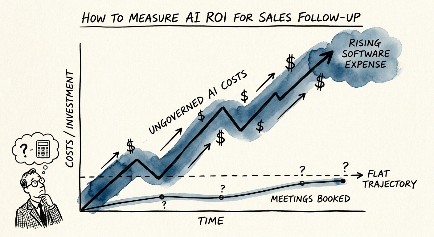 Sales follow-up ROI model comparing AI-assisted activity with qualified pipeline, review cost, and closed-won outcomes.