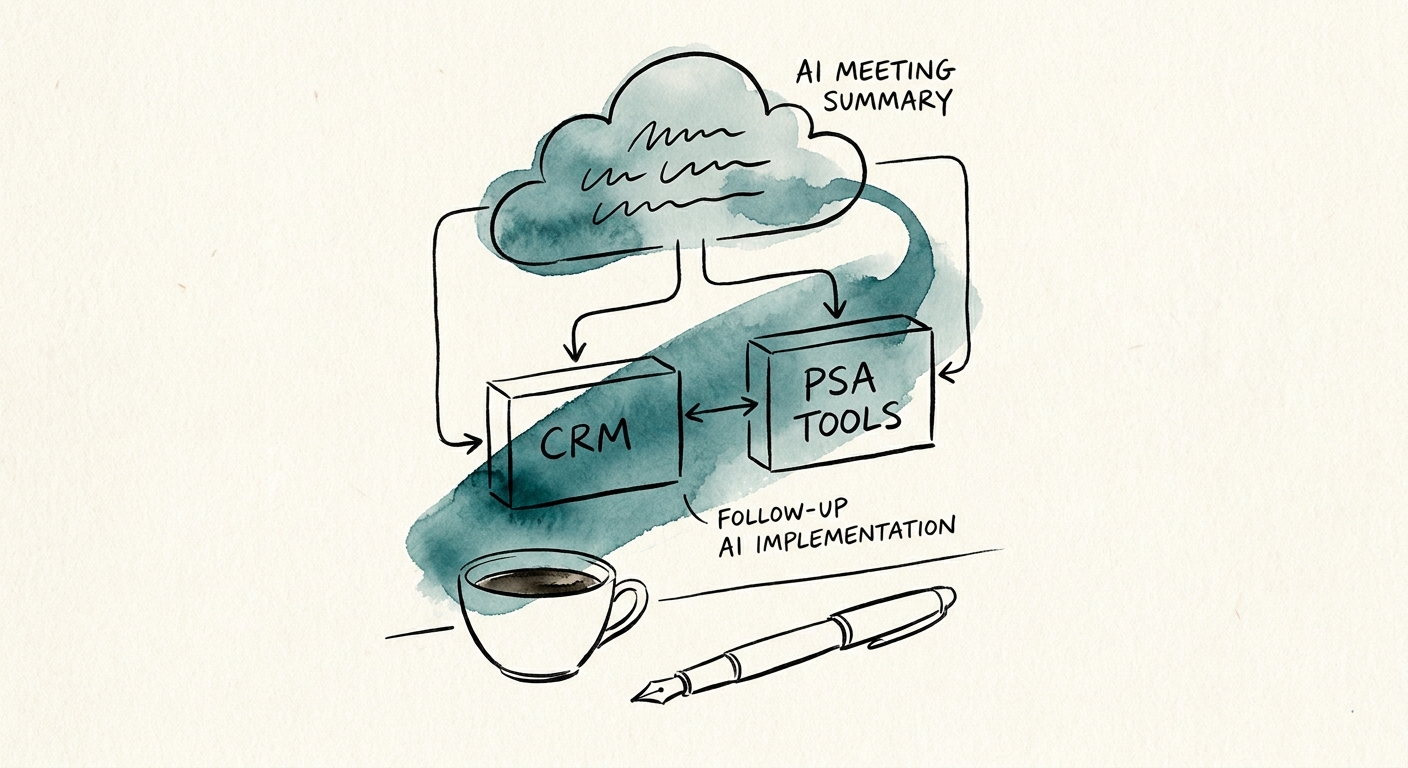 Workflow map showing inputs, review rules, and metrics for meeting summary follow-up.